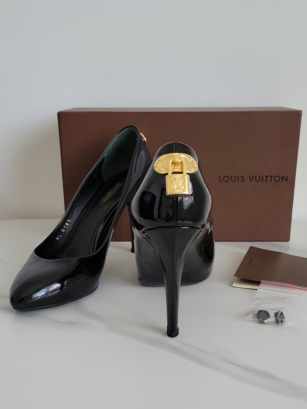 Louis Vuitton Black Patent Leather Stiletto Pumps with Gold LV Padlock